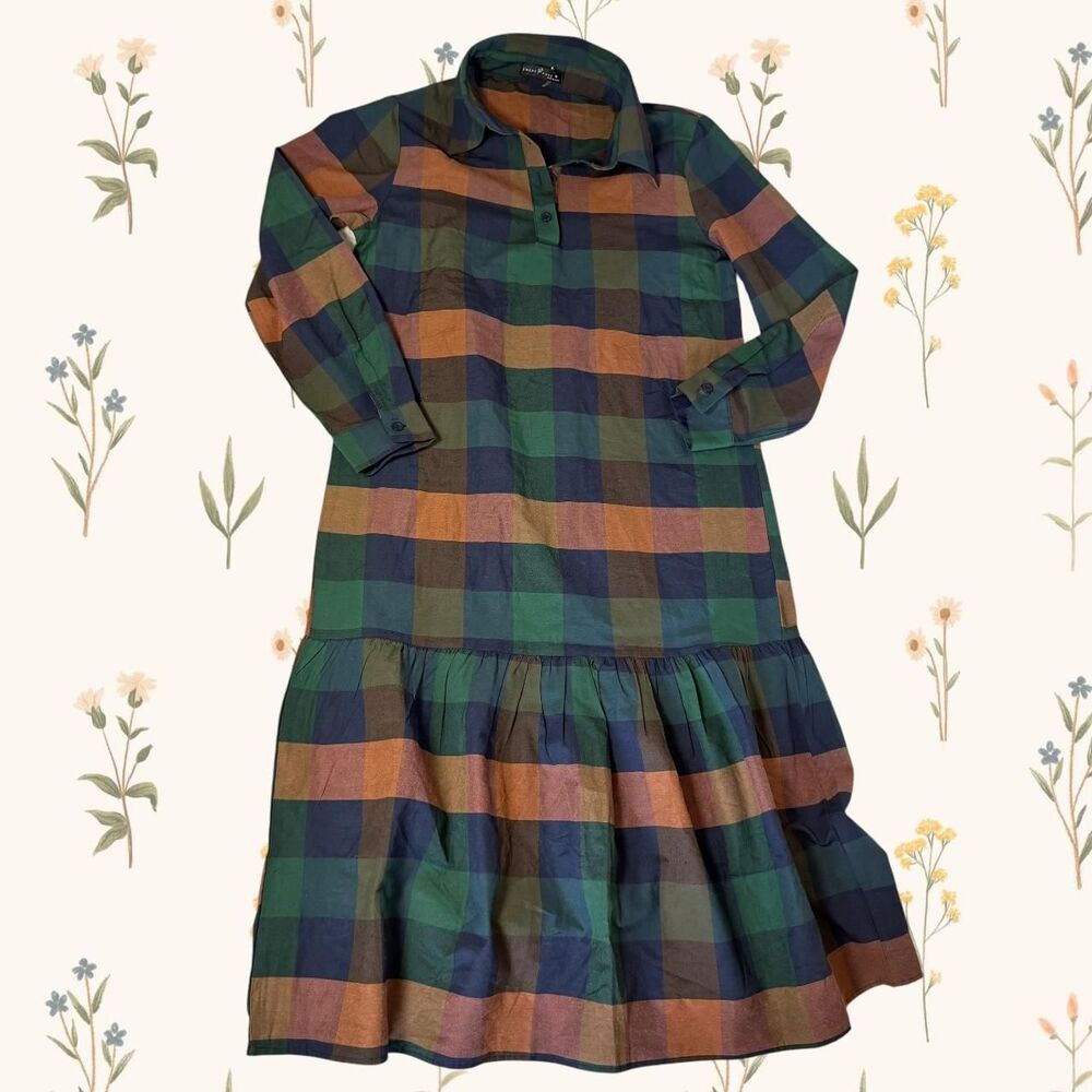 Emery Rose Preppy Fall Plaid Tiered Midi Shirt Dress (M) Navy, Brown, Green